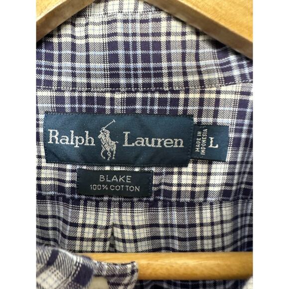 Ralph Lauren BLAKE Long Sleeve Plaid Button Down Navy Blue Shirt Men's Large - Picture 4 of 6